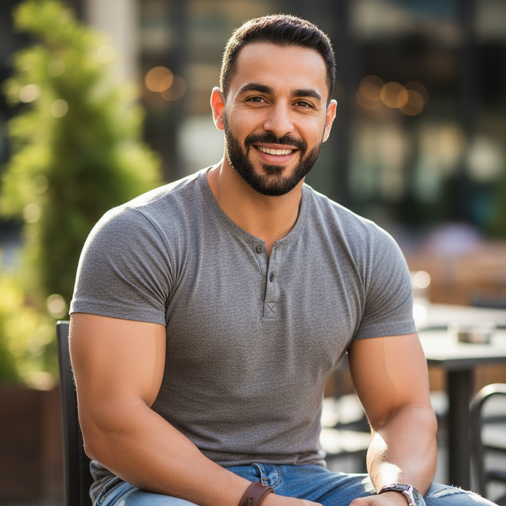 Man with relaxed smile, outdoor casual photo