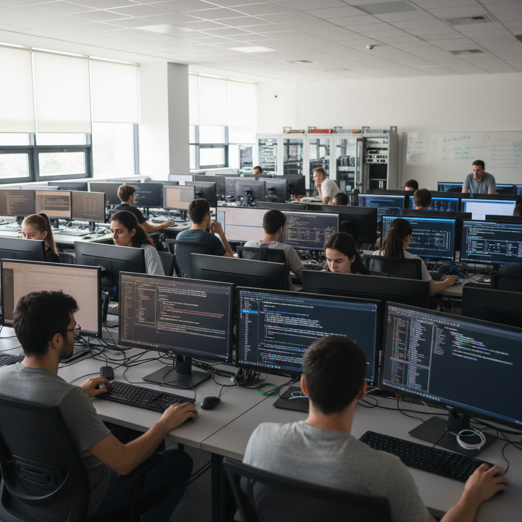 Software engineering students working in a bright computer lab with dual monitors