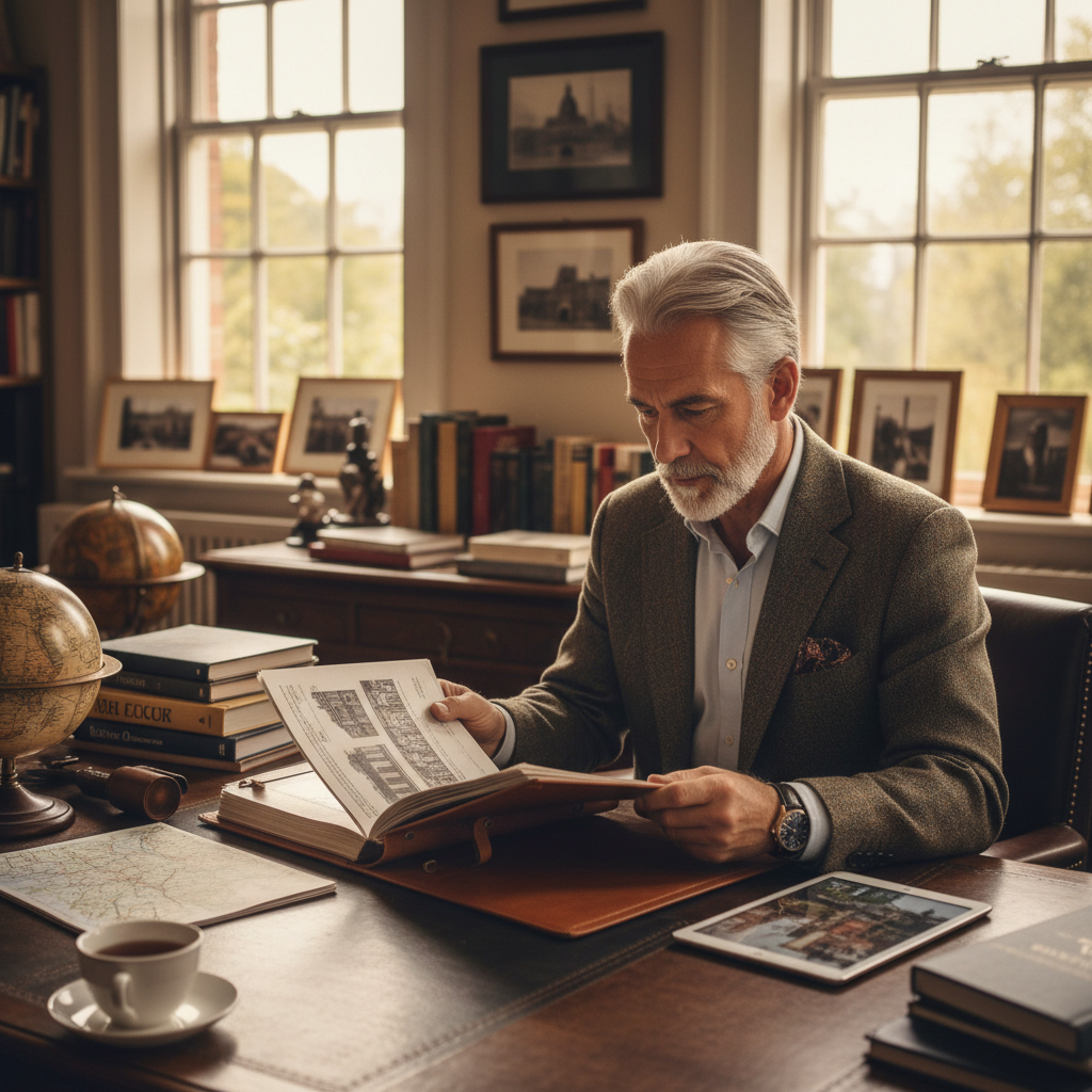 Distinguished older gentleman in tweed jacket holding an open antique leather-bound book near a library window