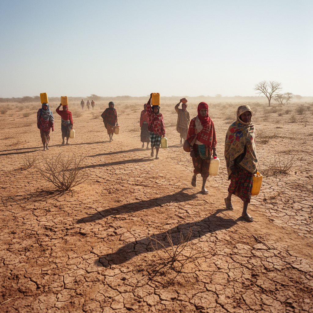 Women in colorful traditional dress walking along a dusty path carrying water containers on their heads