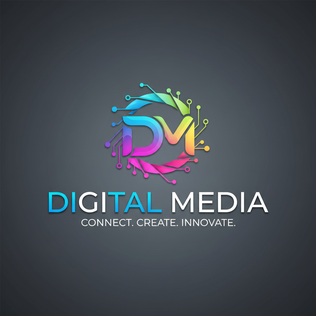 Digital media brand identity on screen, vibrant colors, modern agency aesthetic