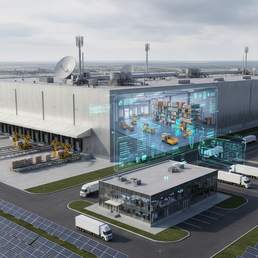 Warehouse operations with shelving and logistics equipment, well-lit industrial space, organized modern facility