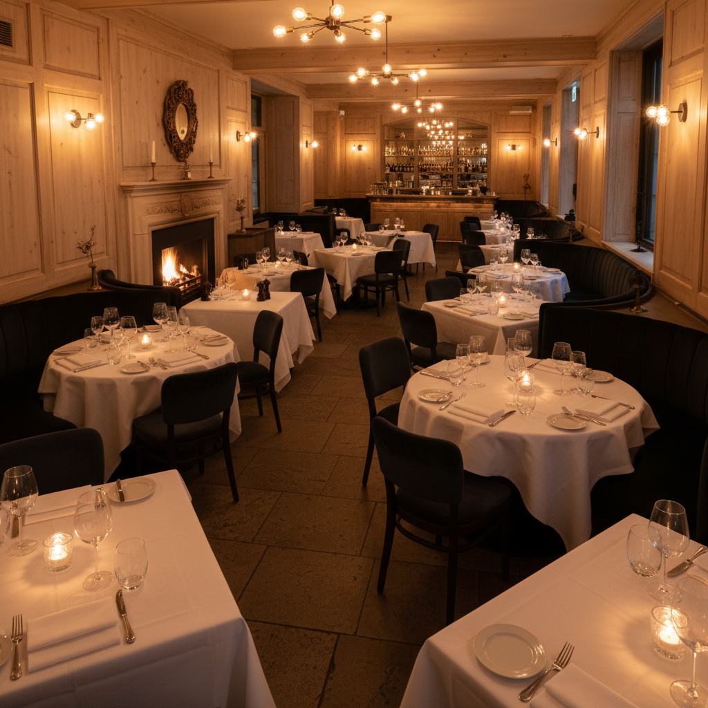 Upscale restaurant dining room with warm amber pendant lighting, dark wood tables, and white linen tablecloths in soft evening light