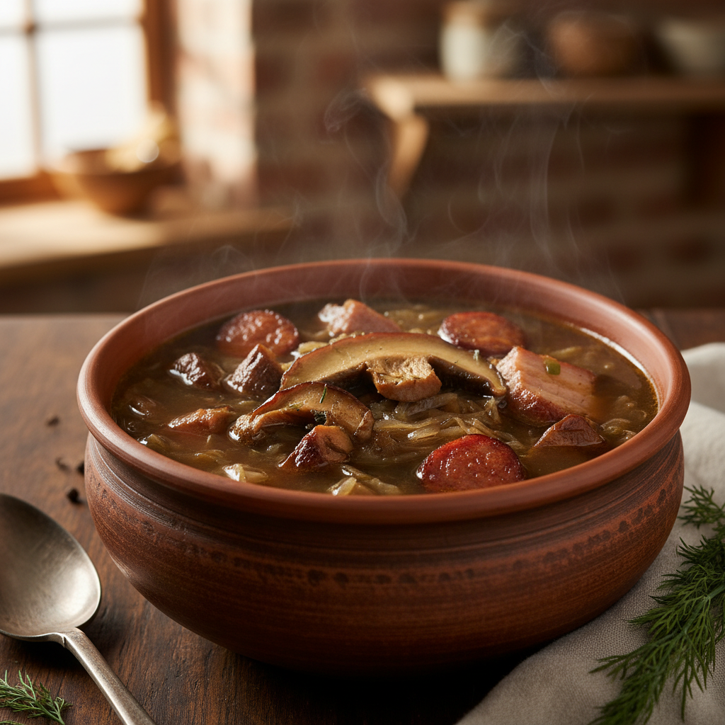 Deep dark kapustnica sauerkraut soup in a clay bowl with mushrooms and smoked meat visible