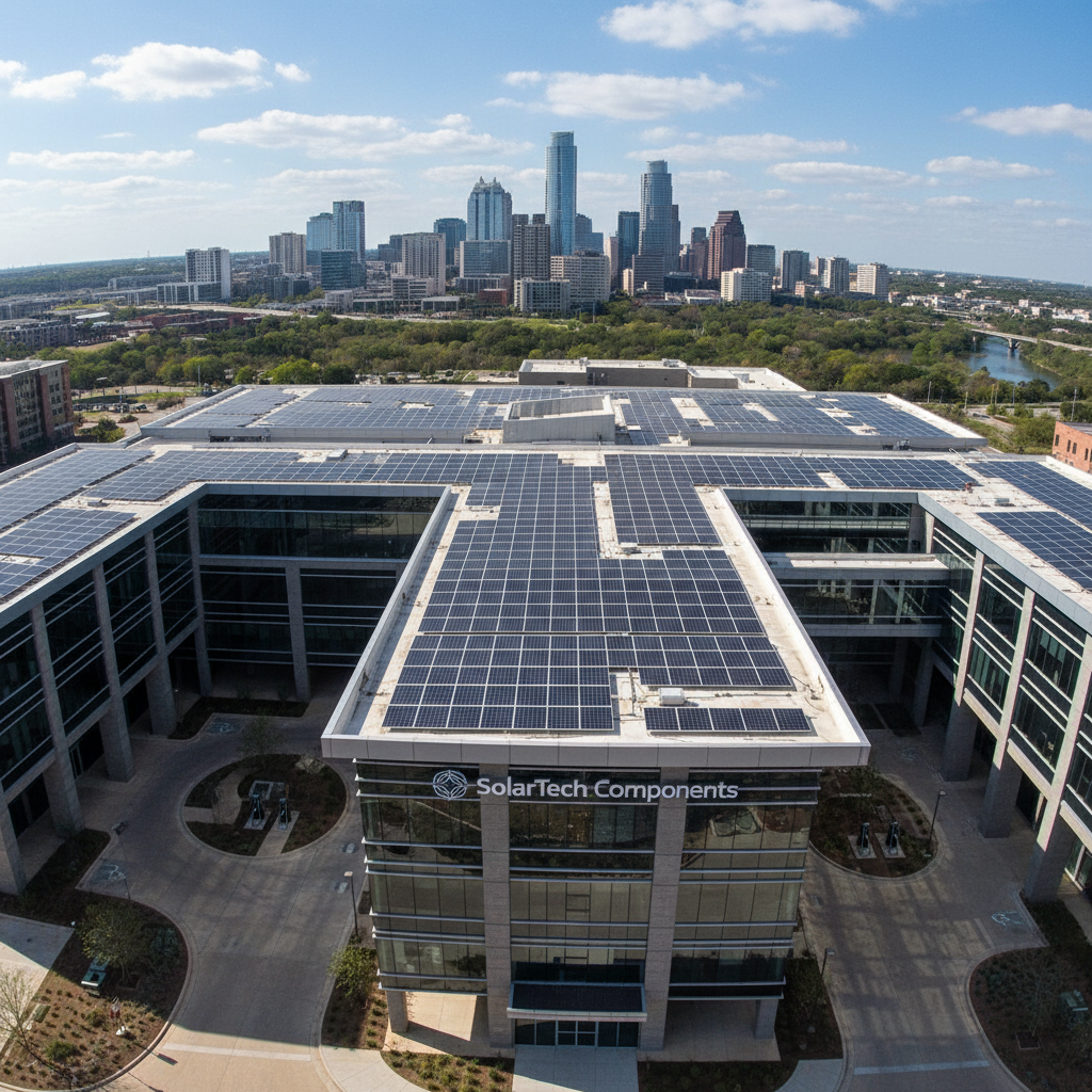 Aerial view of SolarTech Components headquarters building in Austin, Texas with solar panels on rooftop