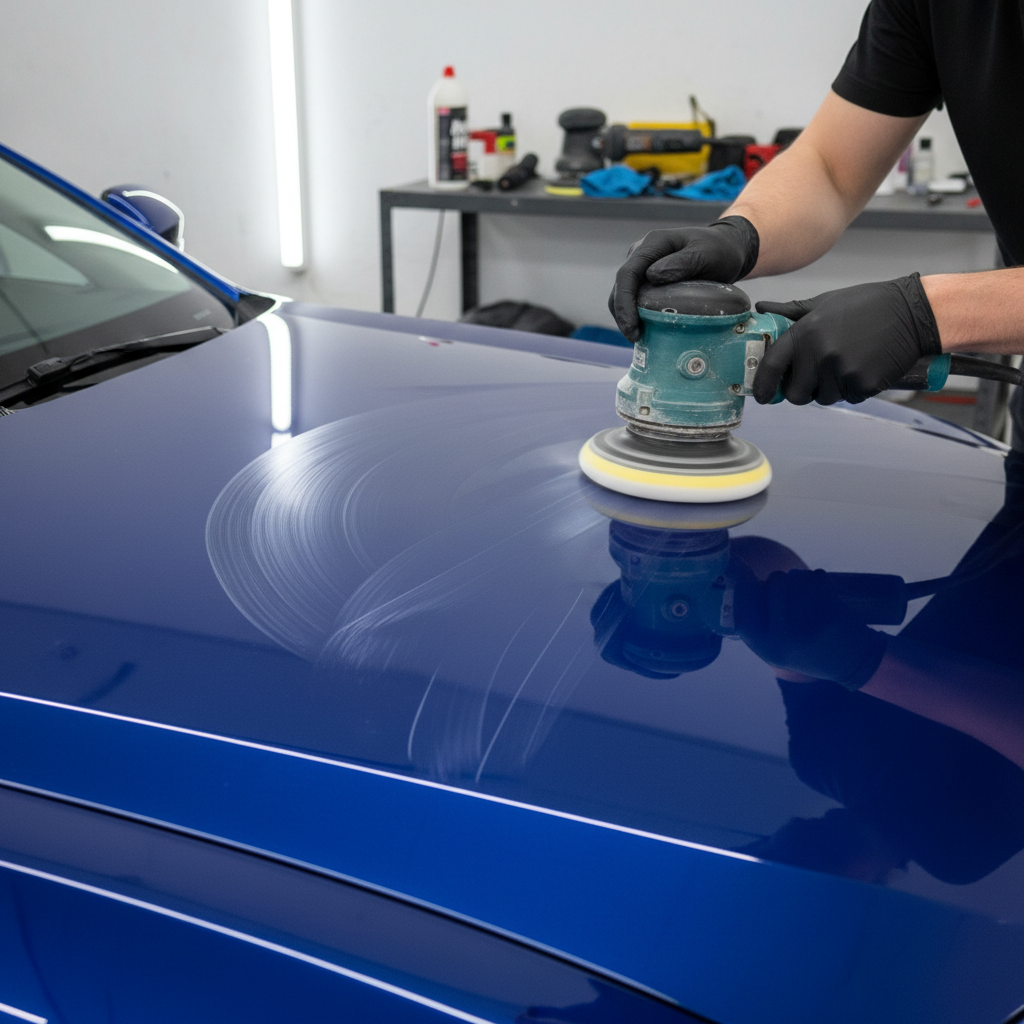 Detailer polishing red sports car hood with orbital buffer