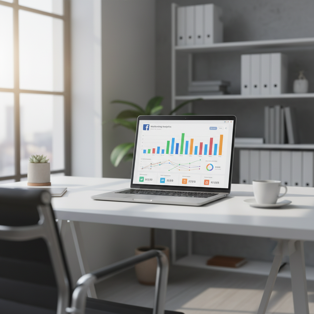 Marketing analytics dashboard with colorful charts on bright modern office background
