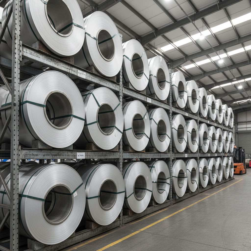Large aluminum wire rod coil on industrial pallet, bright silver surface, warehouse environment