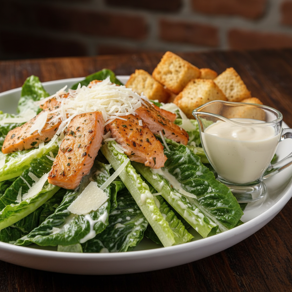 Warm sunlit grilled salmon fillet on romaine caesar salad with parmesan on light wooden surface