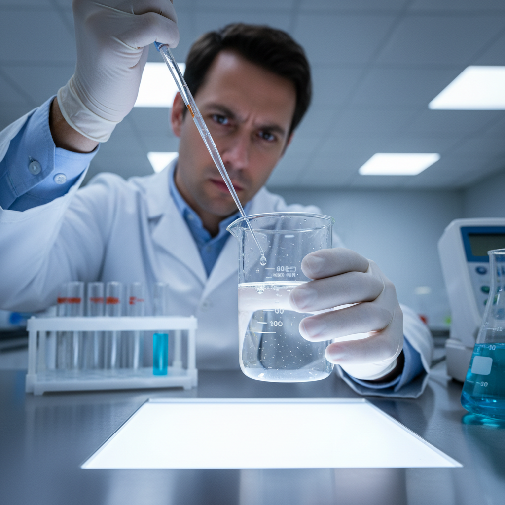 Ingeniera química analizando muestra de agua en laboratorio con equipo de medición