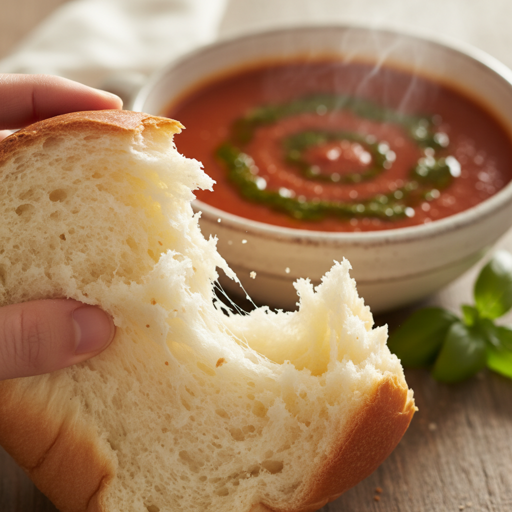 A hand tearing shokupan bread beside a white bowl of roasted tomato soup with basil oil, steam rising