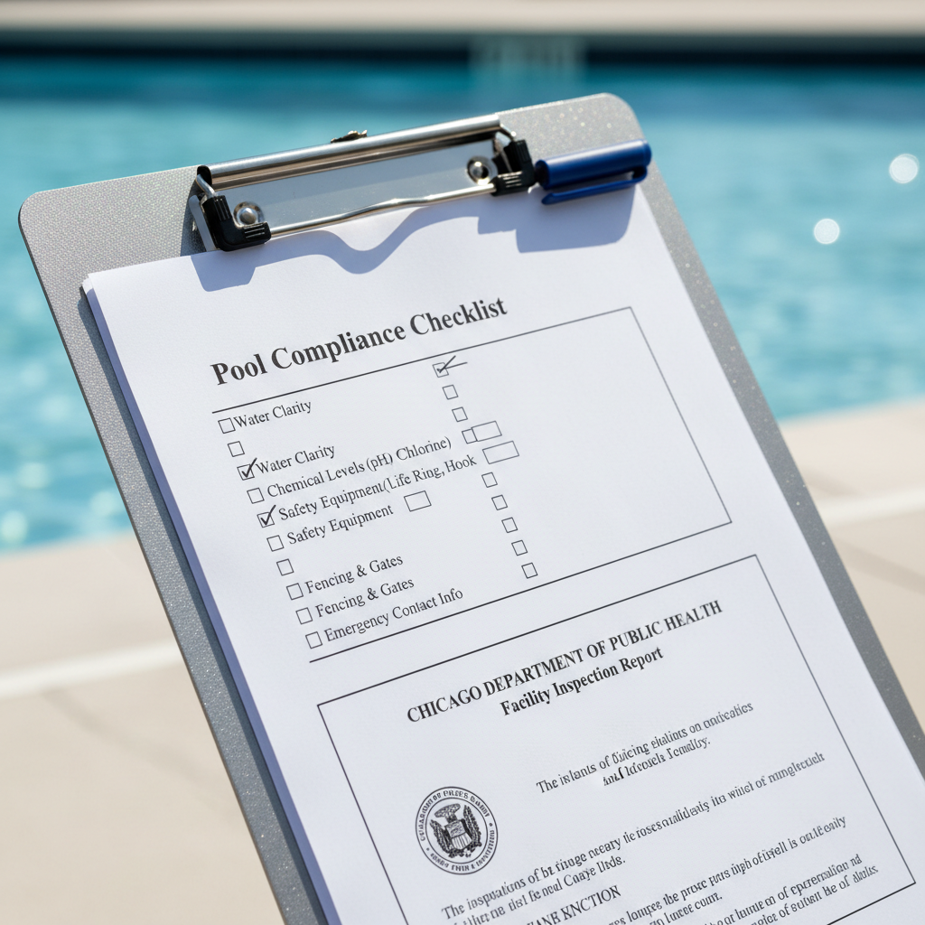 Professional clipboard with pool compliance checklist and official Chicago Department of Public Health documentation