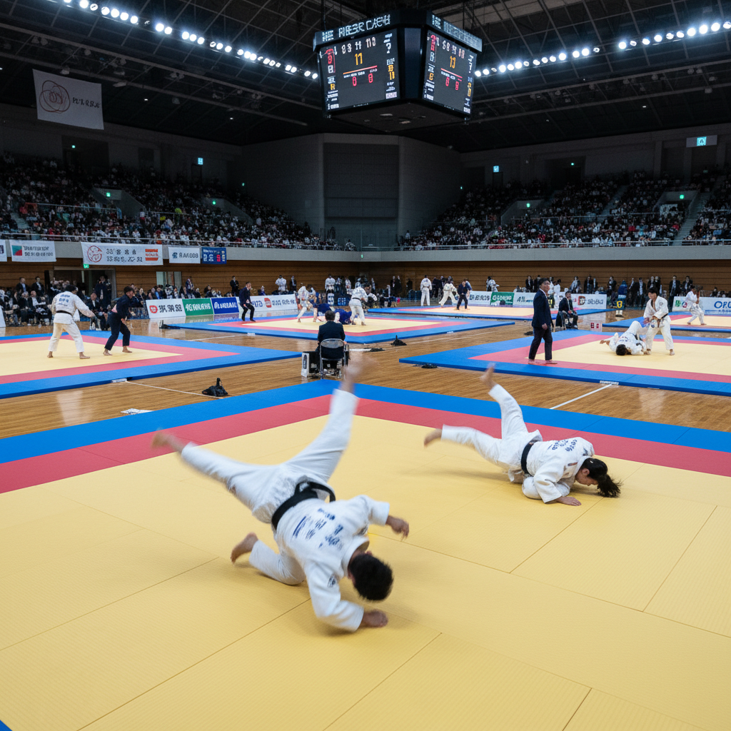 Judoka executing seoi-nage throw, opponent airborne above tatami mat in competition arena