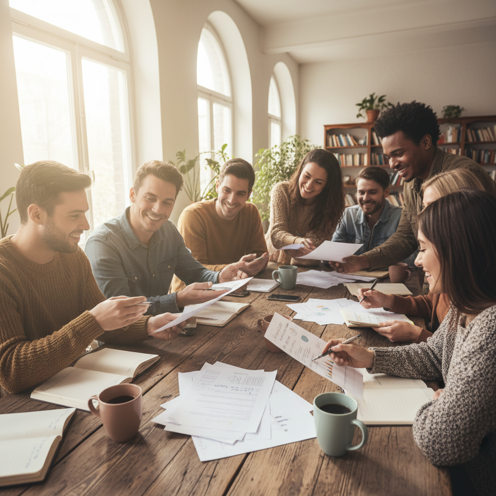 Grupo diverso de pessoas sorrindo em ambiente colaborativo e acolhedor, representando integração multicultural