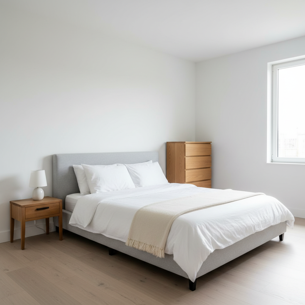 Bright minimalist bedroom with king bed and wooden nightstands