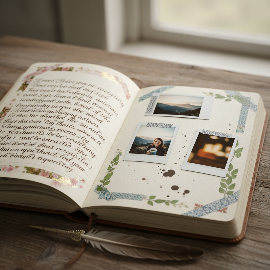 Open journal with ink writing, washi tape borders, and small polaroid photographs