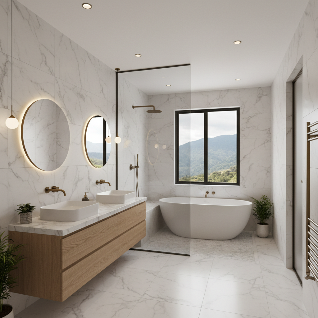 Luxury bathroom with freestanding soaking tub, marble stone walls, brass fixtures, mountain view window, soft morning light