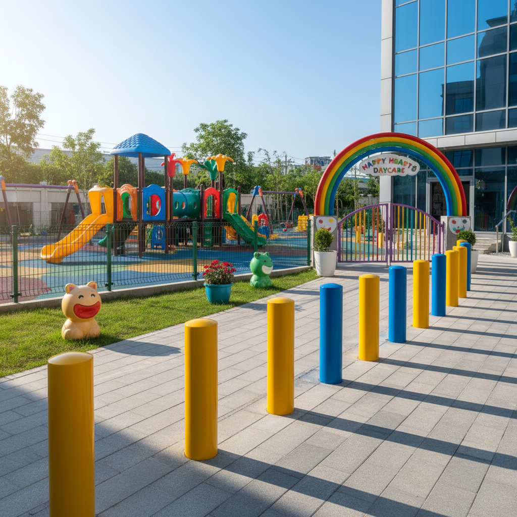 Vibrant outdoor children's play area with colorful equipment and safety features