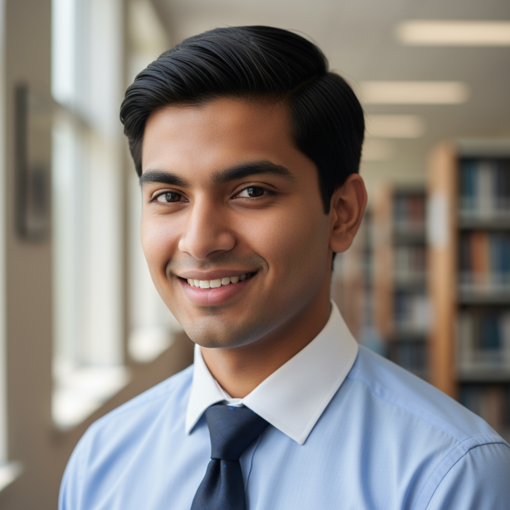 Young Indian male student with beard wearing casual t-shirt smiling in college campus