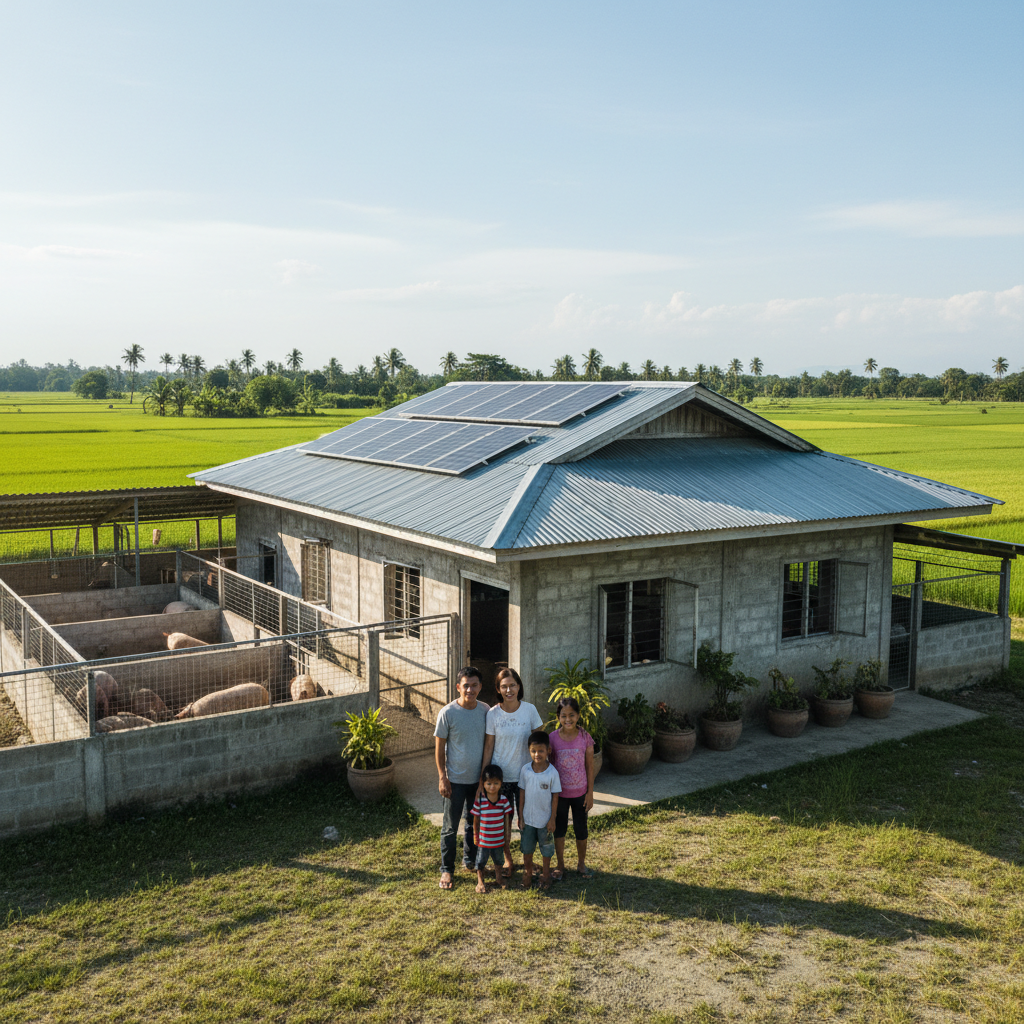 Improved Filipino farmhouse with concrete walls and metal roof, expanded pig facilities, solar panels visible, family standing proudly in front