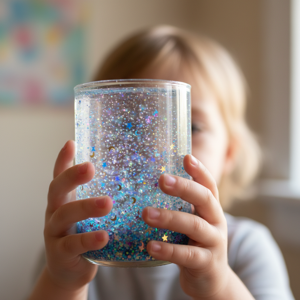 Child holding a glitter calm-down jar up to light, watching it shimmer