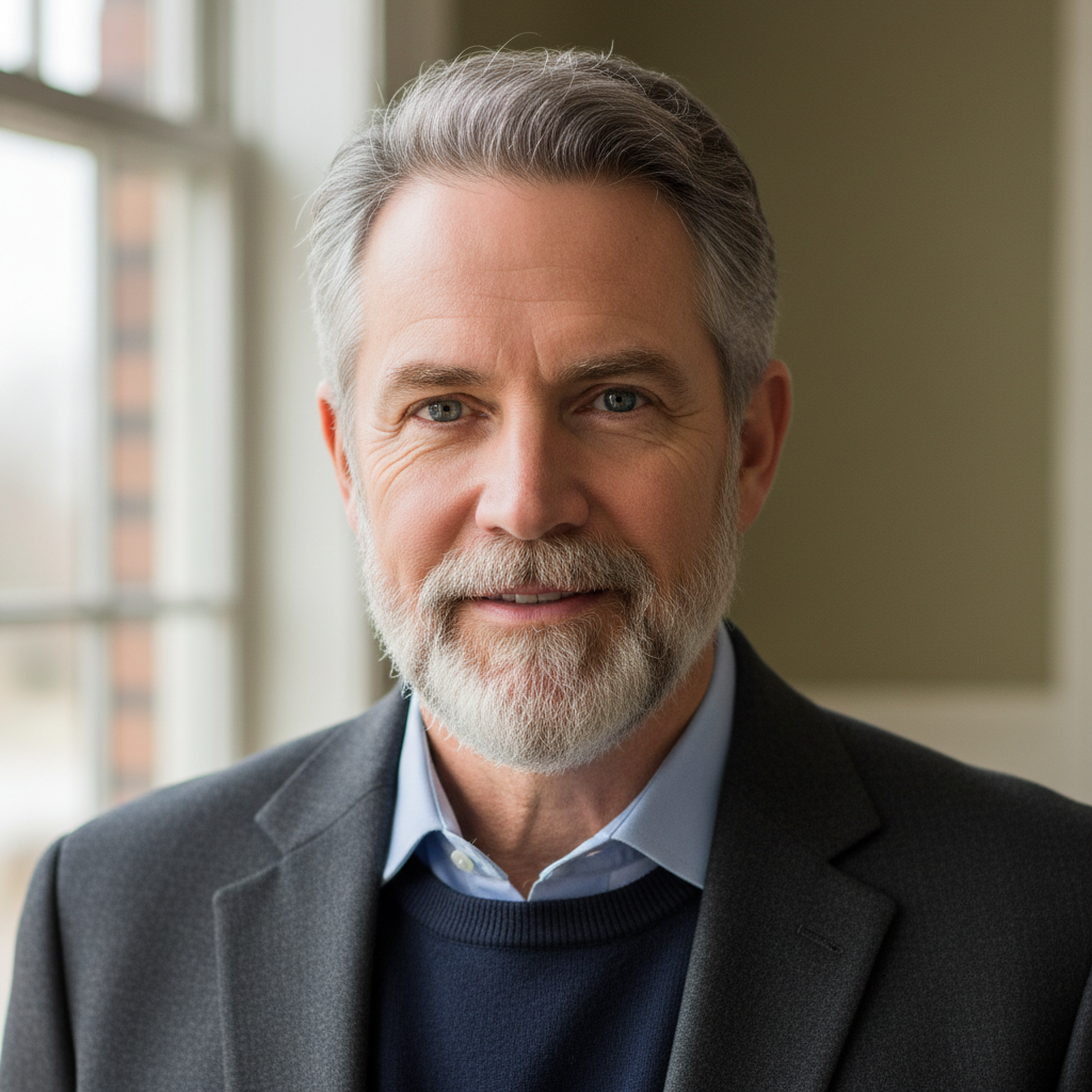 Professional headshot of bearded man with brown hair in casual business attire