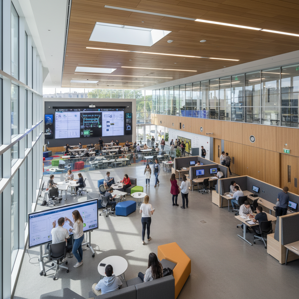 Modern university building with open collaborative spaces and contemporary architecture