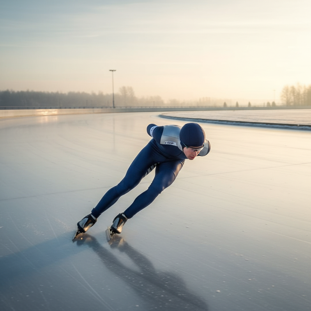 Masters skater in full tuck position on a long-track oval at early morning