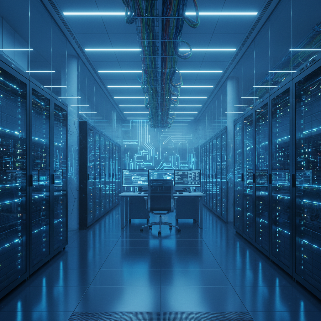 Dark server room with blue LED lighting representing internal developer platform infrastructure