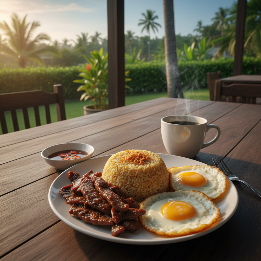 Filipino breakfast tapsilog with garlic rice and fried egg, warm morning light, rustic wooden table