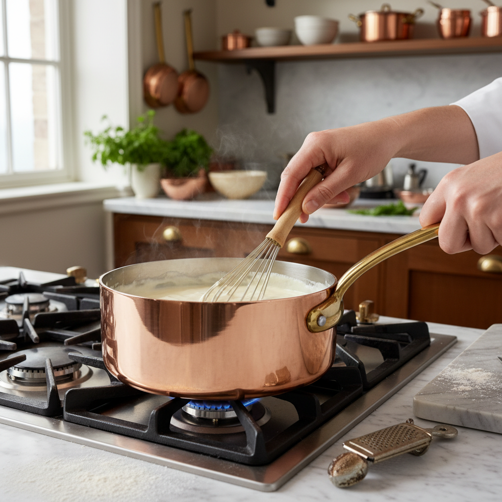 Copper Mauviel casserole on marble counter, bright kitchen, warm copper glow