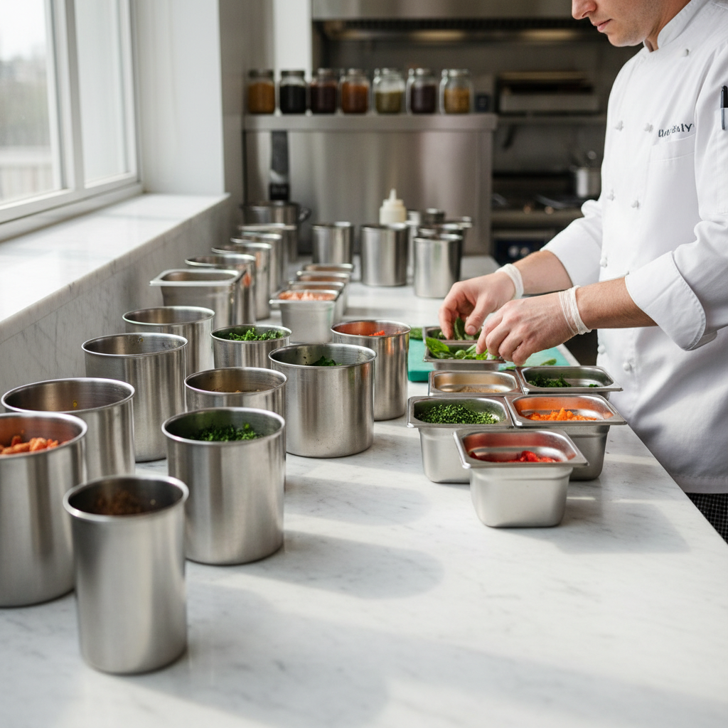 Chef organizing mise en place in stainless steel prep containers on a marble counter
