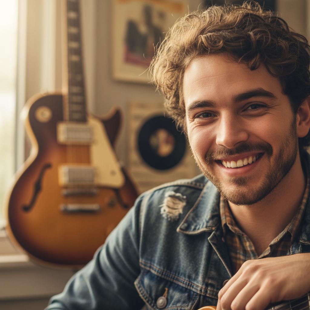 Terrence Mills, blues guitarist student, portrait with guitar in background