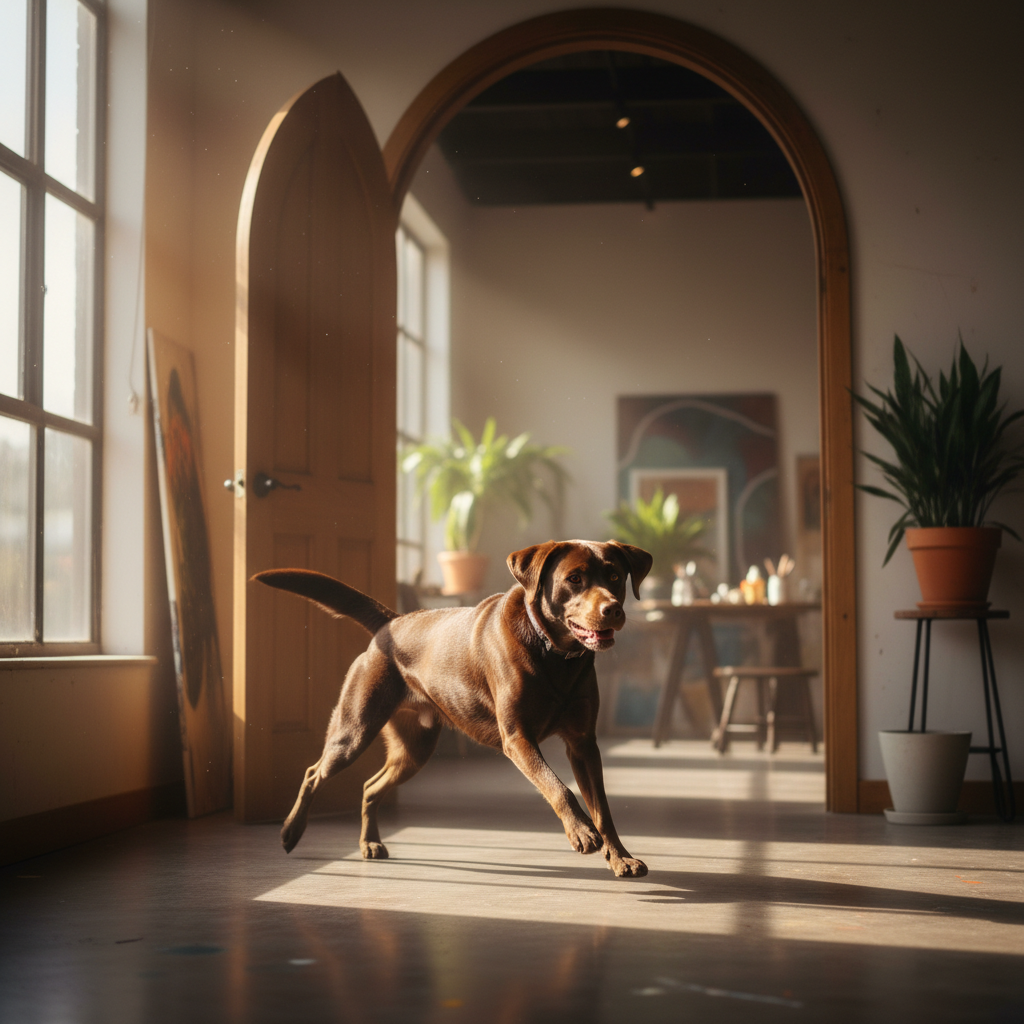Chocolate Labrador bounding through studio door with tail wagging, warm morning light
