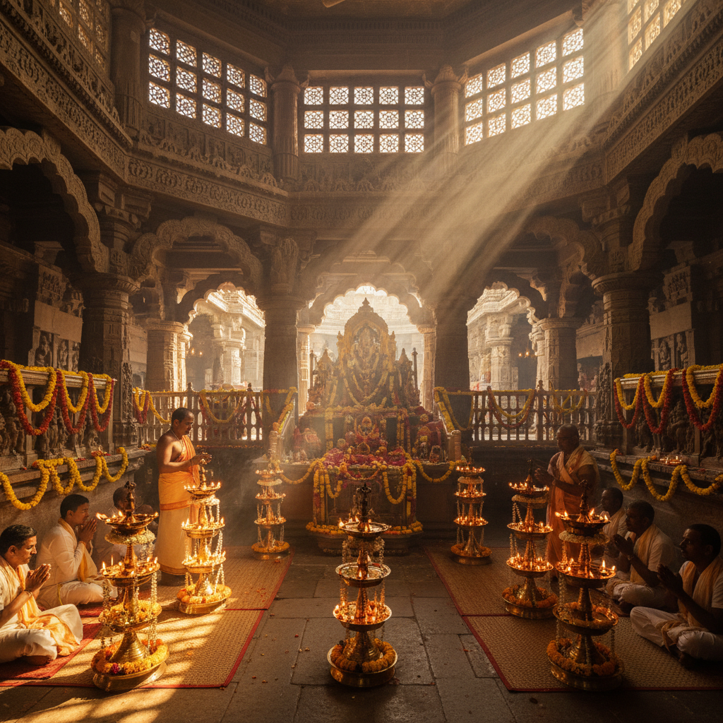 Temple interior with brass lamps and flower garlands during morning aarti ceremony