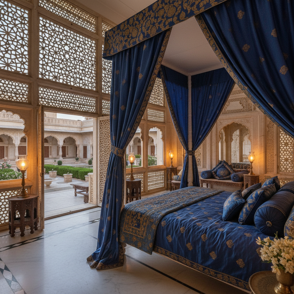 Zenana suite with delicate marble lattice screens, silk canopy bed, soft warm lamplight, ornate courtyard visible through carved windows