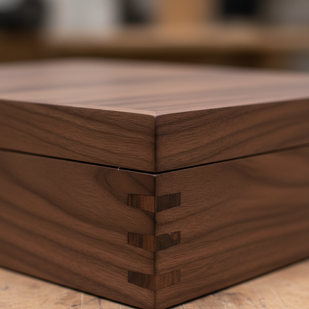 Close-up detail of hand-cut dovetail joinery on walnut box lid corner