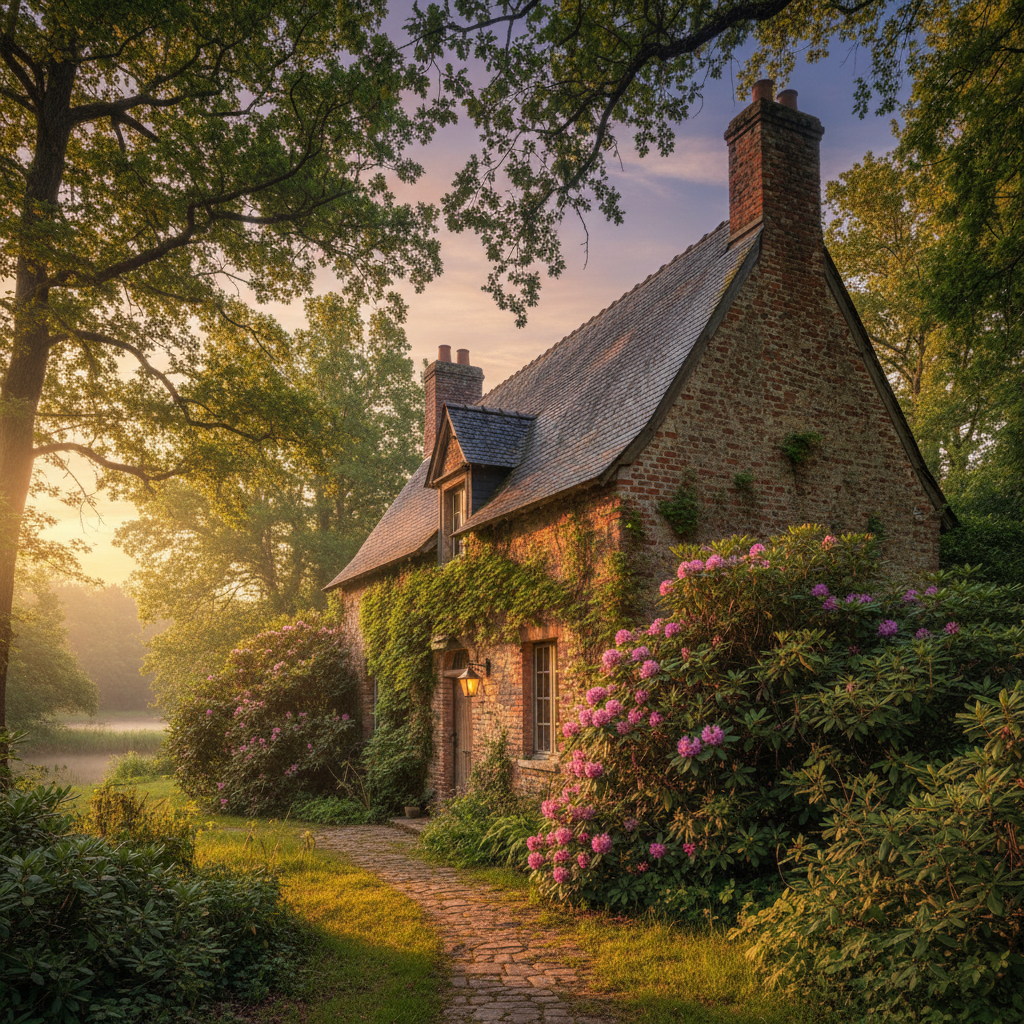 Maison solognote traditionnelle en brique rouge entourée de végétation, lumière dorée du soir