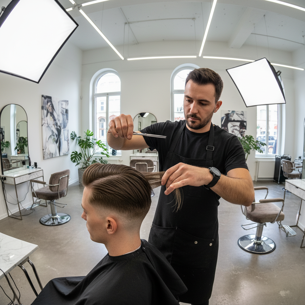 Stylist giving a precision haircut to a male client in a modern salon, bright overhead lighting, professional scissors