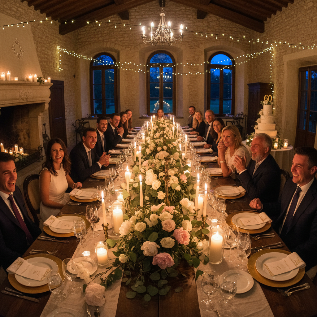 Elegant milestone birthday dinner party with sophisticated table settings and warm lighting