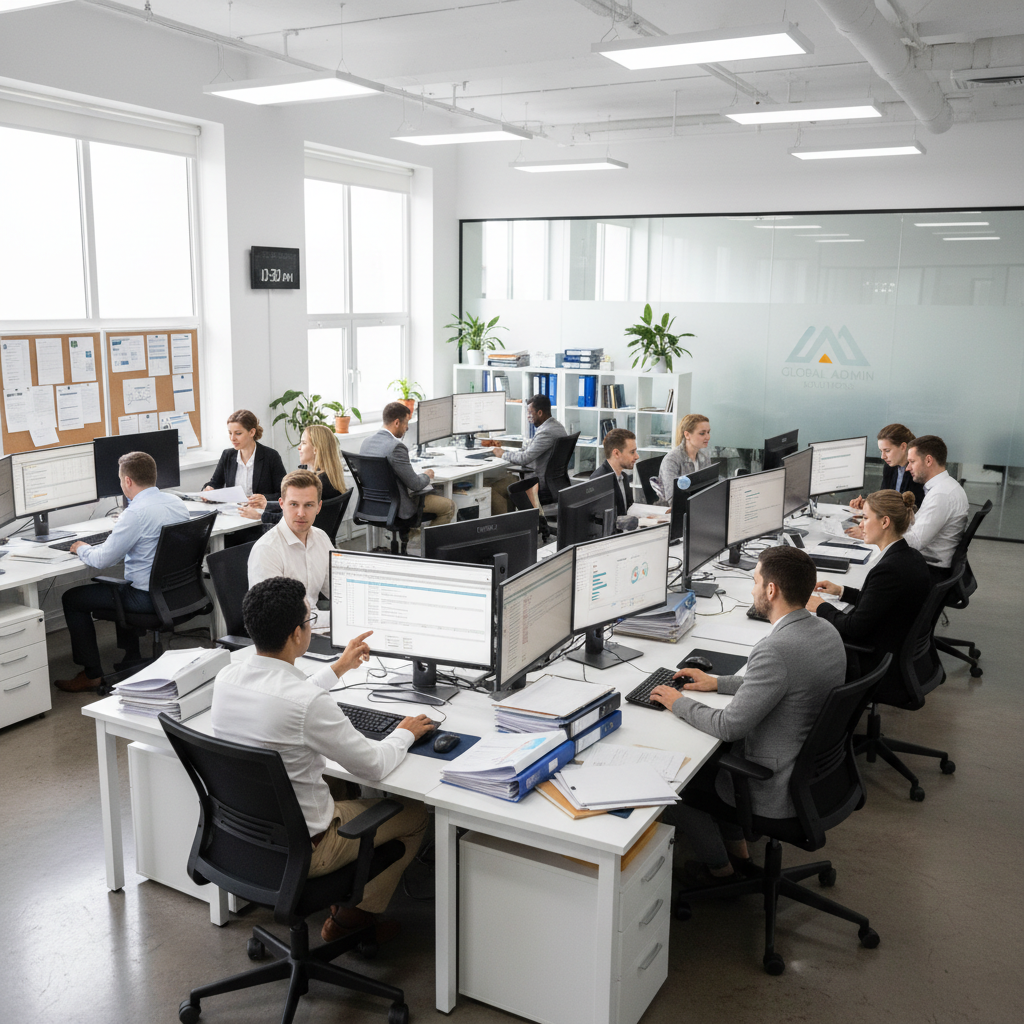 Corporate support team managing business administration and compliance tasks