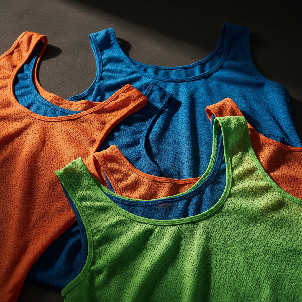 Stack of branded polo shirts and workwear, clean product photography on dark surface
