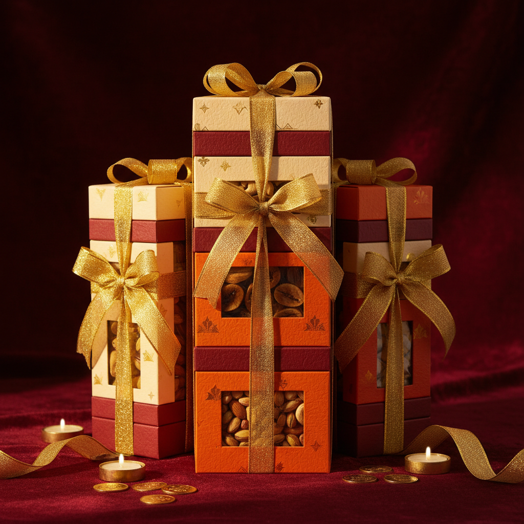 Elegant red and gold Diwali gift hamper box open to reveal layers of colorful premium mithai