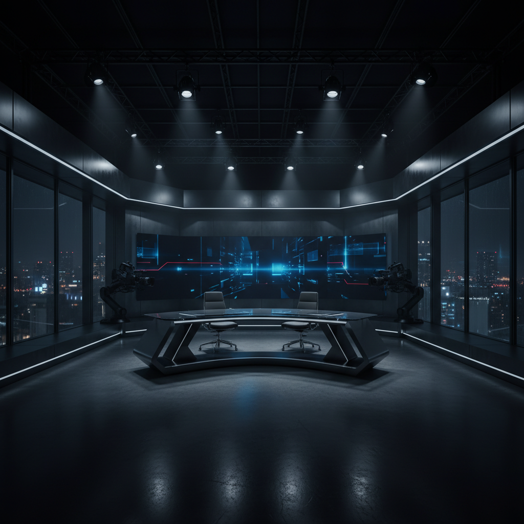 Dark broadcast studio control room with screens and equipment, deep shadows, atmospheric blue-black lighting