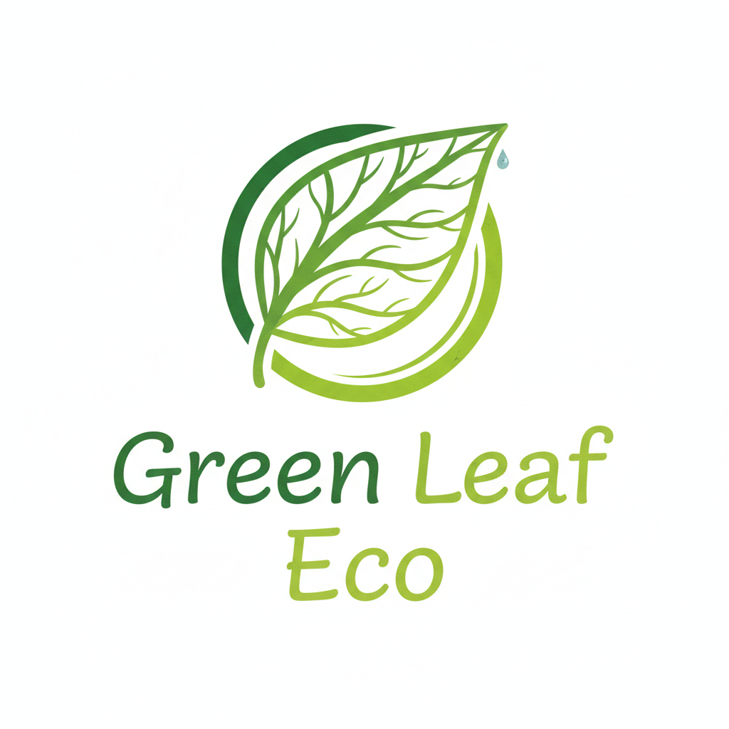 Green eco-friendly 20-litre water can with leaf logo, natural setting with green plants in background