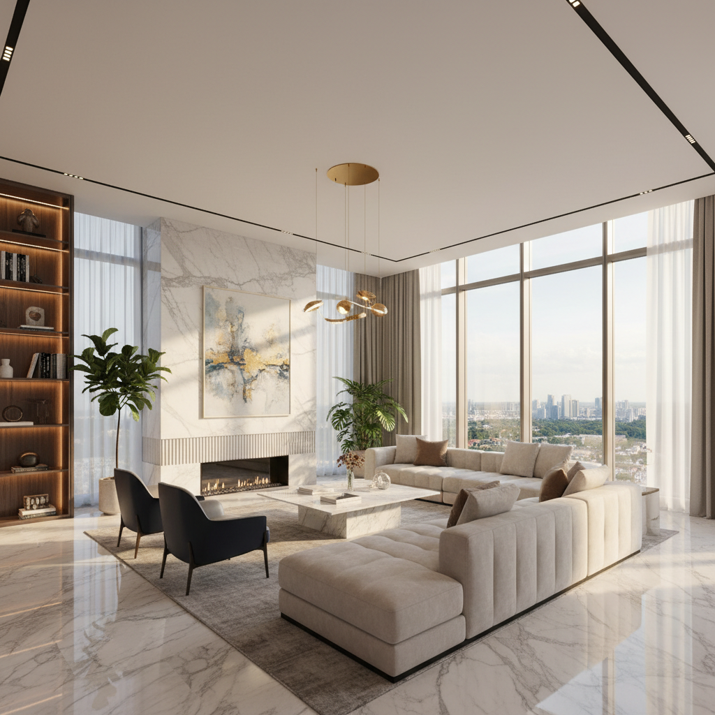 Luxury condo interior with floor-to-ceiling windows and marble finishes
