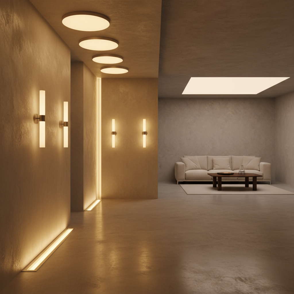 Bright living room with modern beige sofa, warm lighting, and wooden coffee table
