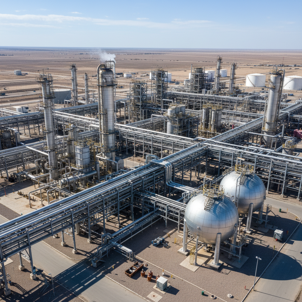 Large-scale oil and gas processing facility with extensive pipeline infrastructure and valve assemblies at dusk