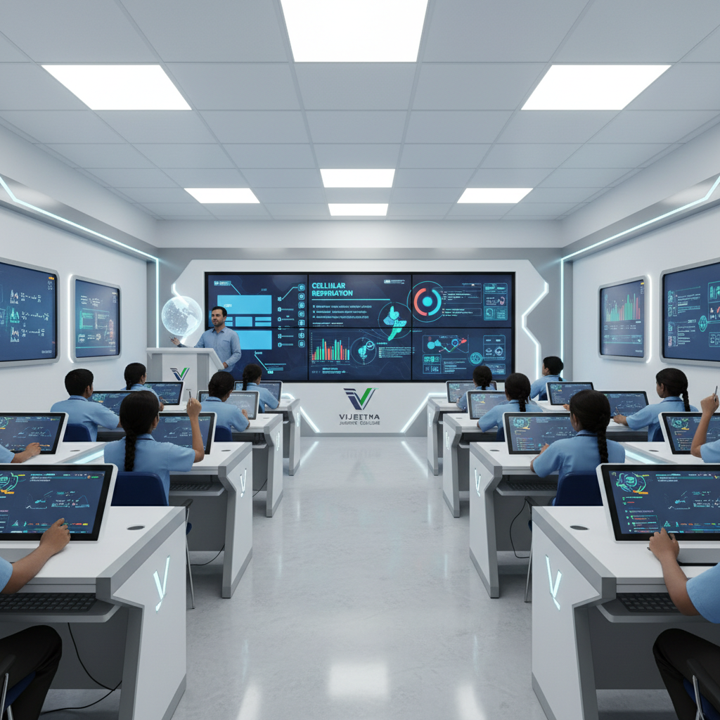 Modern language learning studio classroom with interactive technology and students