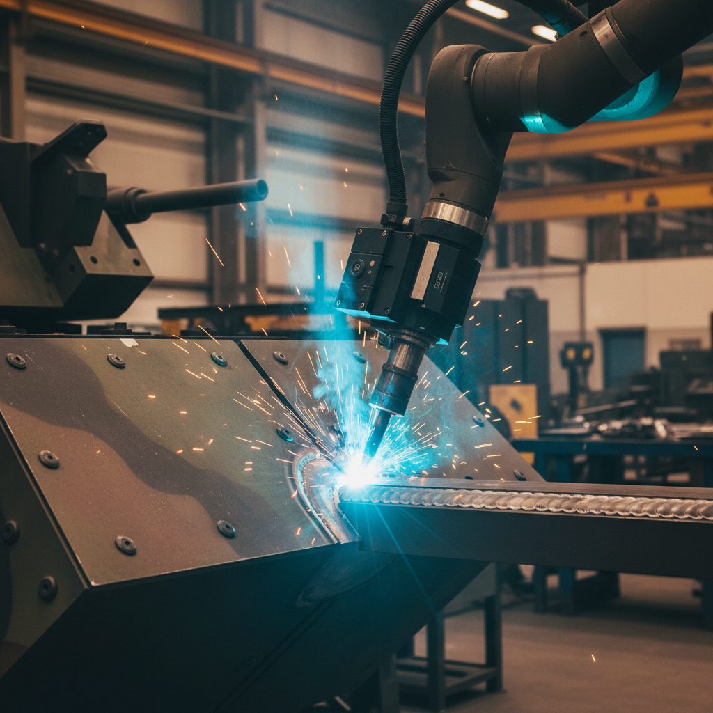 Laser Hybrid welding process showing arc and molten metal in industrial setting
